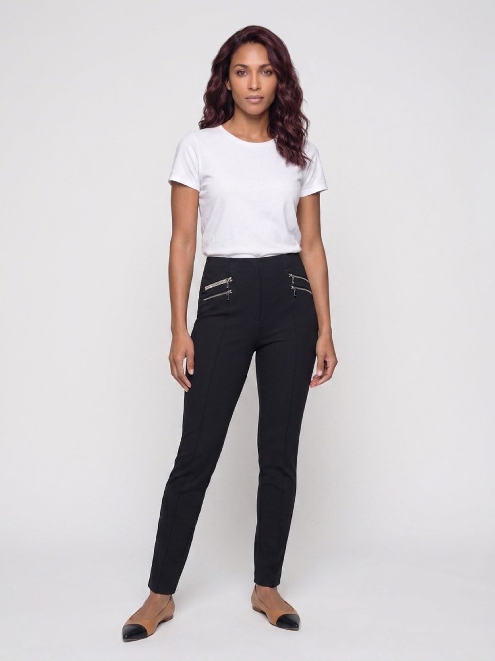 Black Ponte Body Shaping Slim Leg Pants with Decorative Zippers
